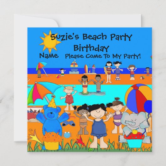 Feest Uitnodiging Verjaardag Strand Meisjes Kinder (Voorkant)