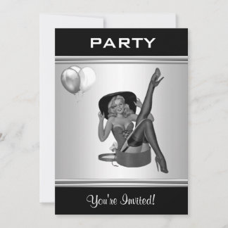 Feest uitnodiging zwart-wit pin-up meisje 26