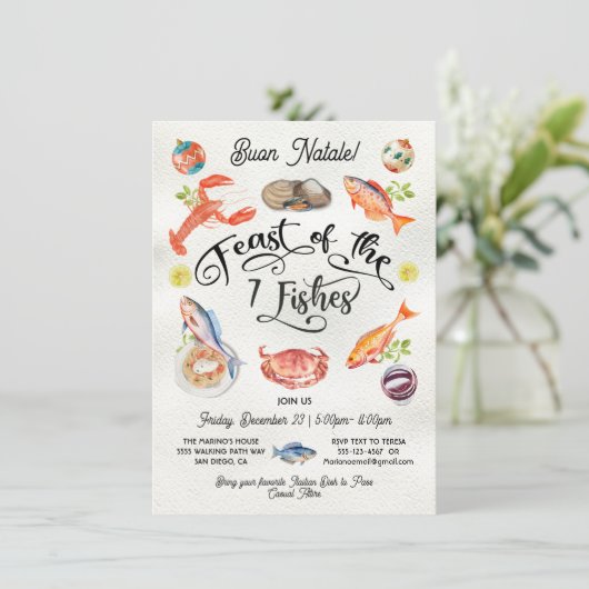 Feest van de 7 Fishes Christmas Party Waterverf Kaart (Staand voorkant)