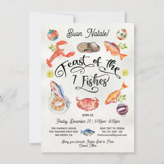 Feest van de 7 Fishes Christmas Party Waterverf Kaart (Voorkant)