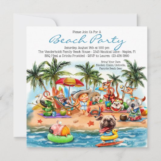 Feest voor dieren Beach Party Kaart (Voorkant)