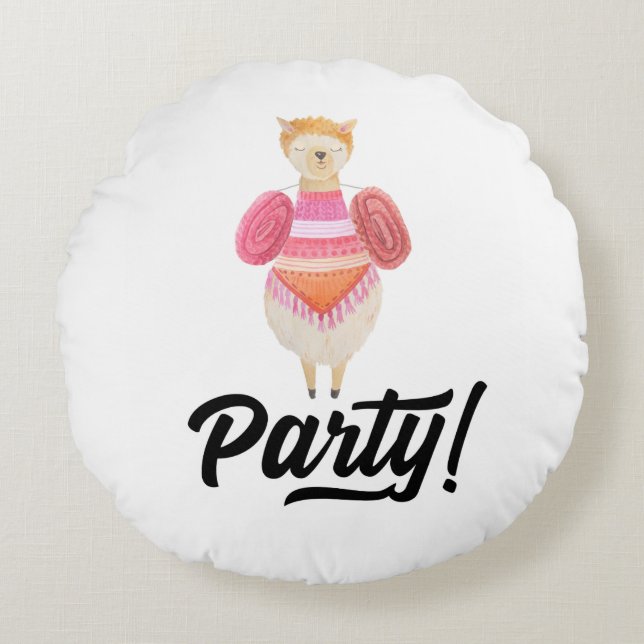 Feest! Waterverf Llama Rond Kussen (Voorkant)