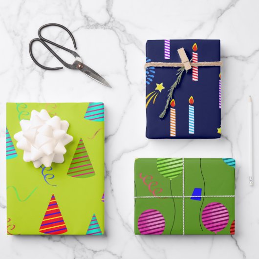 Feestballonnen, Petten en kaarsen in kleurrijke st Inpakpapier Vel (Voorkant)