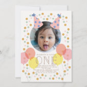 Feestballonnen & Petten Roze Foto 1e Verjaardag Kaart (Voorkant)