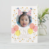 Feestballonnen & Petten Roze Foto 1e Verjaardag Kaart (Staand voorkant)