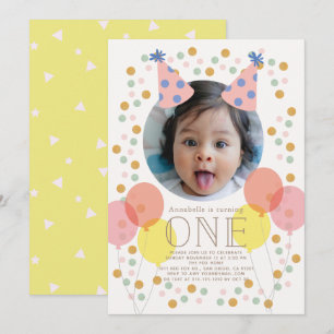 Feestballonnen & Petten Roze Foto 1e Verjaardag Kaart