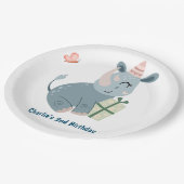 feestbeest, gelukkige neushoorn met cadeau papieren bordje (Gekanteld)