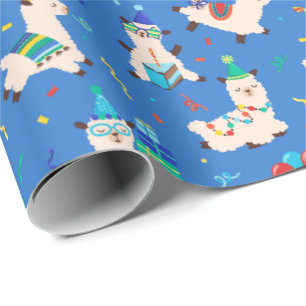 Feestbeesten Lama Verjaardagsfeest Blauw Cadeaupapier
