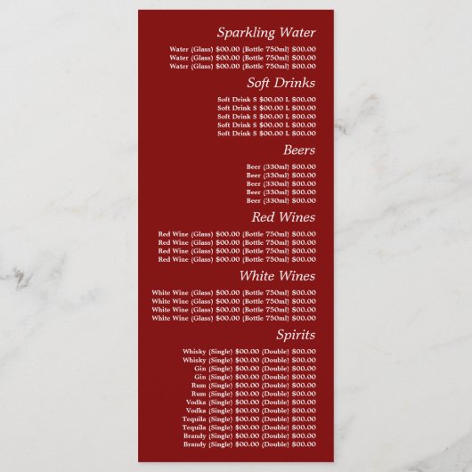 Feestbos, Restaurant Slimline Menu (Achterkant)