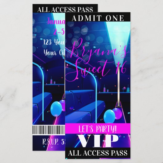 Feestbus Sweet 16 All Access Pas VIP Ticket (Voorkant / Achterkant)
