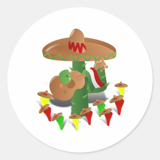 Feestcactus met gitaar en dansende pepers ronde sticker (Voorkant)