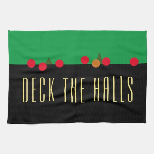  feestdag groen rood zwart "DECK THE HALLS" Theedoek (Horizontaal)