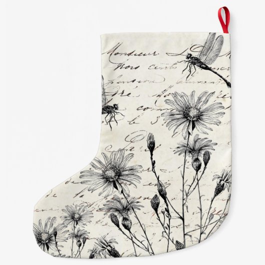  feestdag in het Franse script Wildflower Dragonfl Grote Kerstsok (Achterkant)