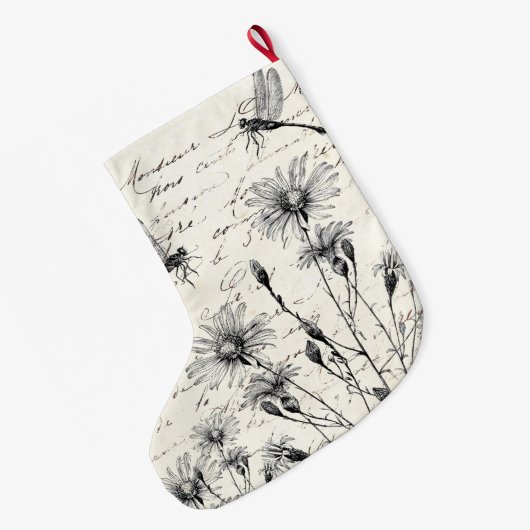 feestdag in het Franse script Wildflower Dragonfl Grote Kerstsok (Achterkant (Hangend))