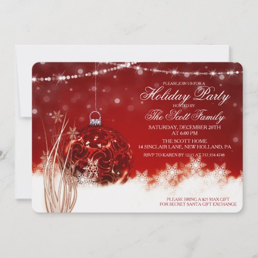 Feestdag Rode Ornament Bauble Uitnodiging (Voorkant)