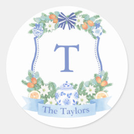 Feestdagen Blauw en wit Citrus Crest Envelope Seal Ronde Sticker