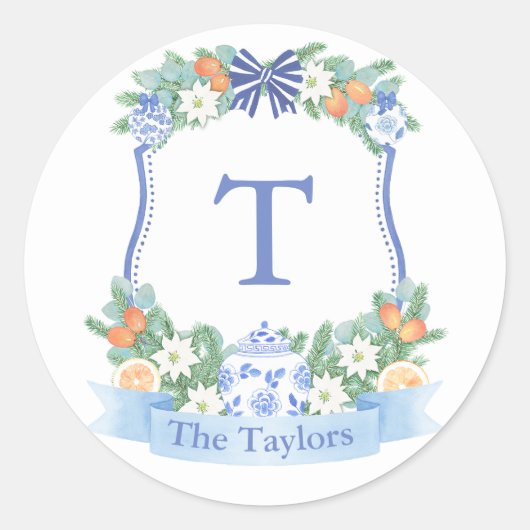 Feestdagen Blauw en wit Citrus Crest Envelope Seal Ronde Sticker (Voorkant)