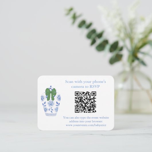 Feestdagen Blauw Groene Chinoiserie QR-code regist Informatiekaartje (Staand voorkant)