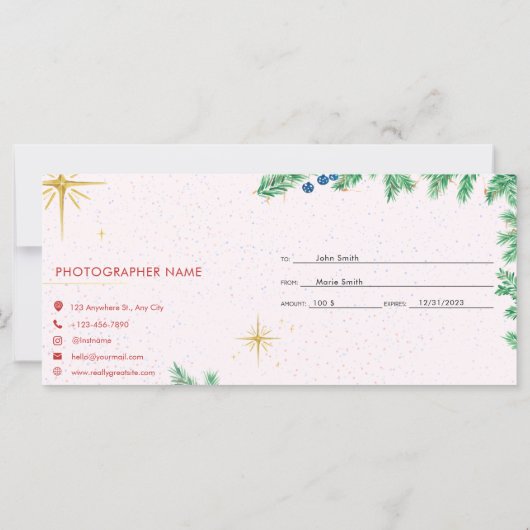 Feestdagen fotosessiebon, cadeaukaart (Achterkant)