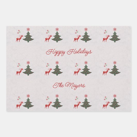 Feestdagen kerstbomen en rode rendieren Inpakpapier Vel (Voorkant)