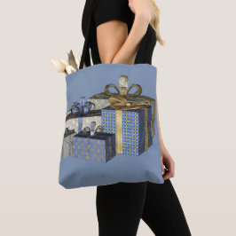 Feestdagen met blauw gouden kerstcadeaus tote bag