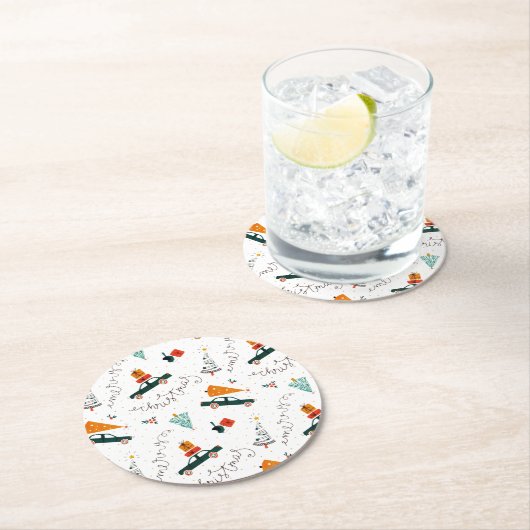  feestdagen met groene winterbomen ronde kartonnen onderzetter (Insitu)