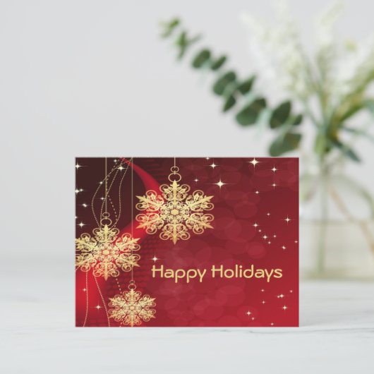 Feestdagen met kerstcadeautjes rode gouden sneeuwv briefkaart (Staand voorkant)