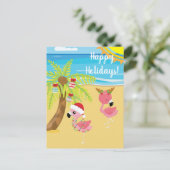 Feestdagen Tropisch strand Flamingo Christmas Briefkaart (Staand voorkant)