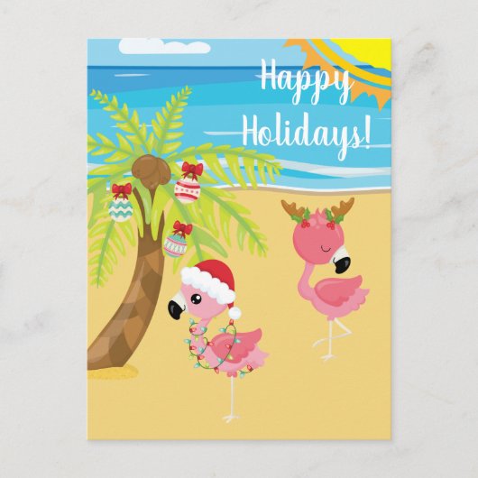 Feestdagen Tropisch strand Flamingo Christmas Briefkaart (Voorkant)
