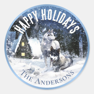 Feestdagen Wintersprookje, Wolven in Sneeuw - Ronde Sticker