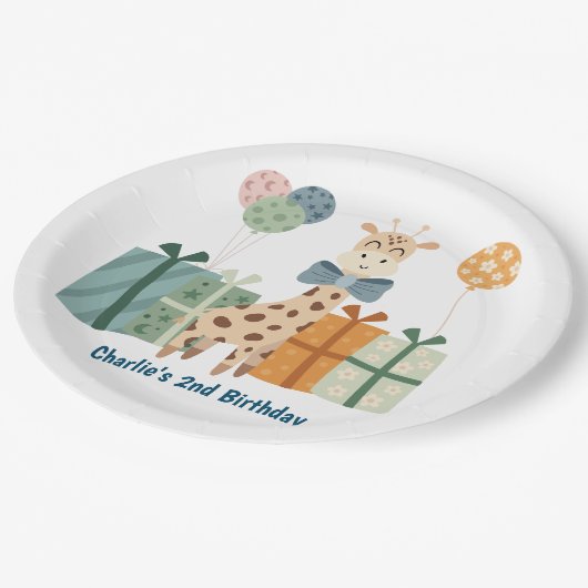 Feestdier, Giraffe met geschenken en ballon Papieren Bordje (Gekanteld)