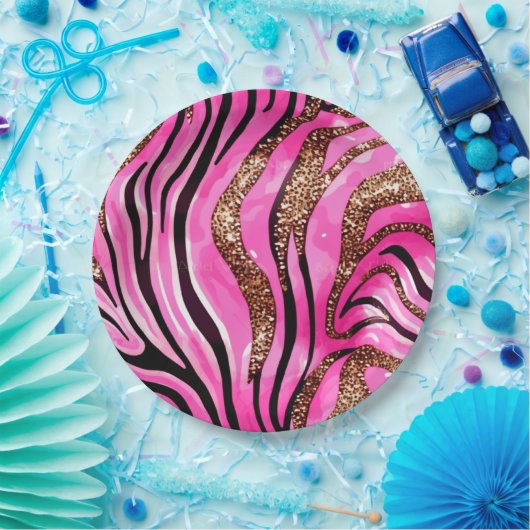 Feestdier Tijgerprint Papieren Beker, Roze Glitter Papieren Bordje (Feest)