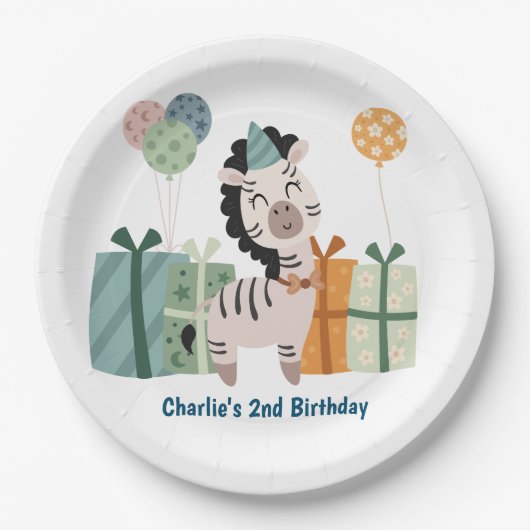 Feestdier, Zebra met geschenken en ballon Papieren Bordje (Voorkant)