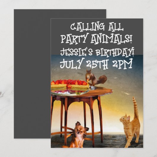 FEESTDIEREN AANGEPASTE UITNODIGINGEN (Voorkant / Achterkant)