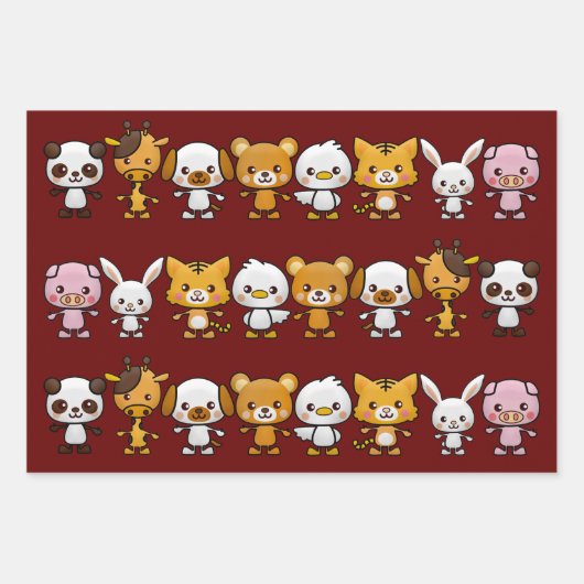 Feestdieren, Chevron en Plain Red Inpakpapier Vel (Voorkant)