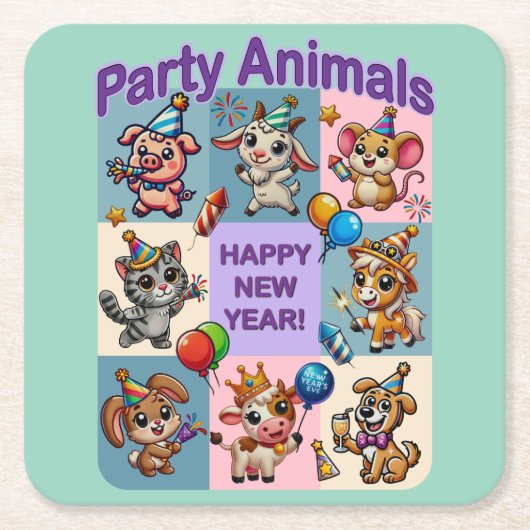 Feestdieren "Gelukkig Nieuwjaar" Kartonnen Onderzetters (Voorkant)