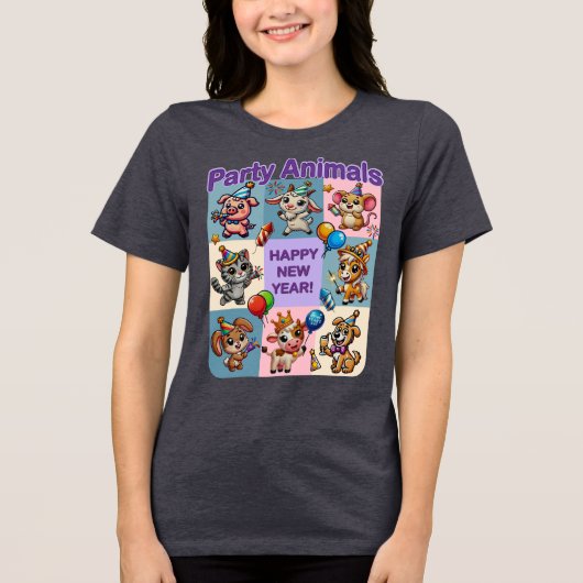 Feestdieren "Gelukkig Nieuwjaar" Tri-Blend Shirt (Voorkant)