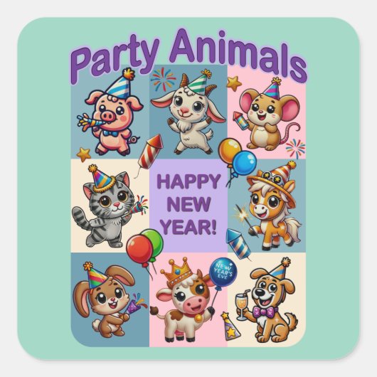 Feestdieren "Gelukkig Nieuwjaar" Vierkante Sticker (Voorkant)