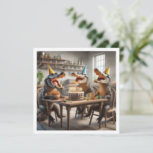 Feestdieren, Krokodillen eten taart verjaardag Kaart (Staand voorkant)