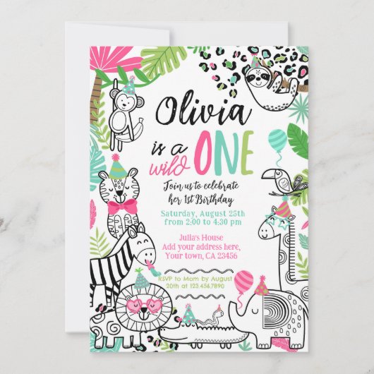 Feestdieren, Oerwoud Safari 1e Verjaardag Kaart (Voorkant)
