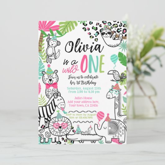 Feestdieren, Oerwoud Safari 1e Verjaardag Kaart (Staand voorkant)