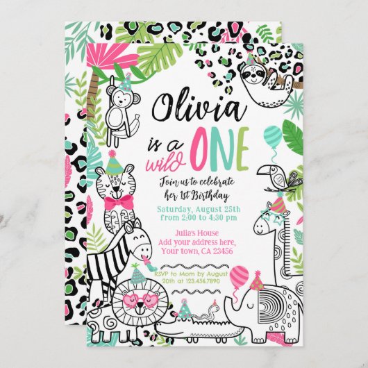 Feestdieren, Oerwoud Safari 1e Verjaardag Kaart (Voorkant / Achterkant)