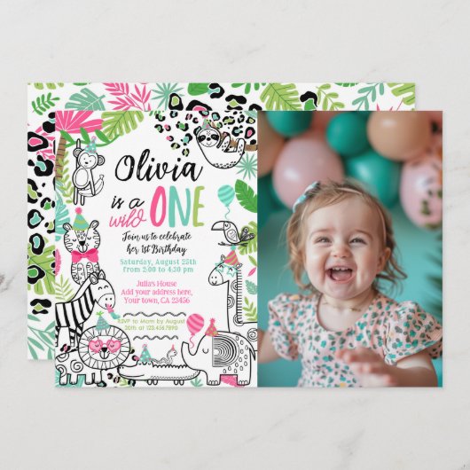 Feestdieren, Oerwoud Safari 1e Verjaardag Kaart (Voorkant / Achterkant)