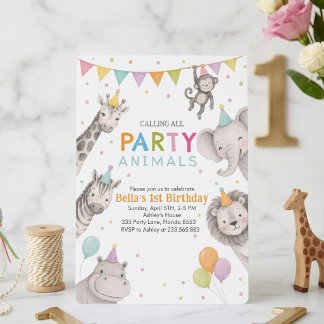 Feestdieren Safari Meisje 1e Verjaardagsuitnodigin Kaart