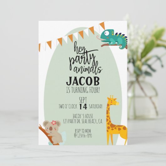 FEESTDIEREN, VERJAARDAG KINDEREN, DIERENFEEST AANKONDIGING (Staand voorkant)