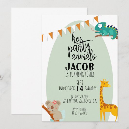 FEESTDIEREN, VERJAARDAG KINDEREN, DIERENFEEST AANKONDIGING (Voorkant / Achterkant)