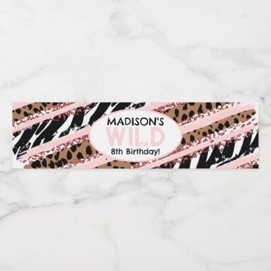 Feestdieren Wilde Safari Roze Girl Birthday Waterfles Etiket (Enkel label)