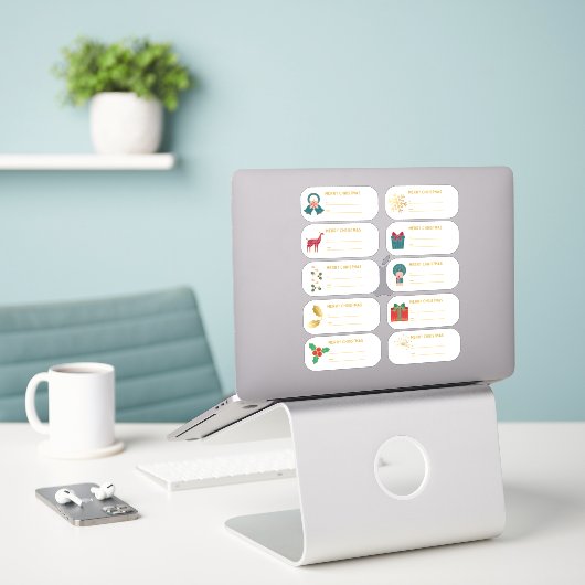 Feestelijk 10 pc Gold Christmas Botanical Gift Lab Sticker (Laptop op bureau)