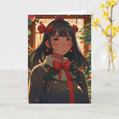 Feestelijk anime meisje op kerst nacht kaart (Gele Bloem)