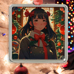 Feestelijk anime meisje op kerst nacht metalen ornament<br><div class="desc">Anime meisje buiten op een winterse nacht Kerst stickers.</div>